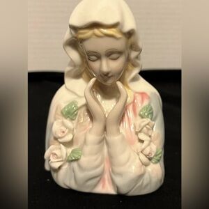 Vintage Madonna Bust Figurine Virgin Mary Flowers Porcelain 5"